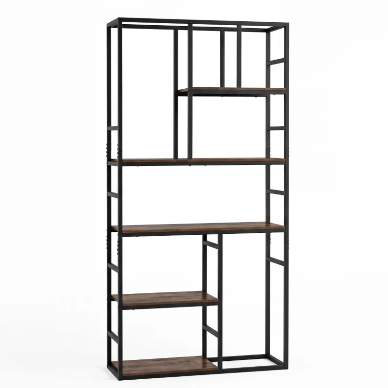 Costway Estantería Alta 180cm 5 Niveles Geometría Moderna Estructura Metálica Organizador Sala Oficina Dormitorio Dorado y Blanco