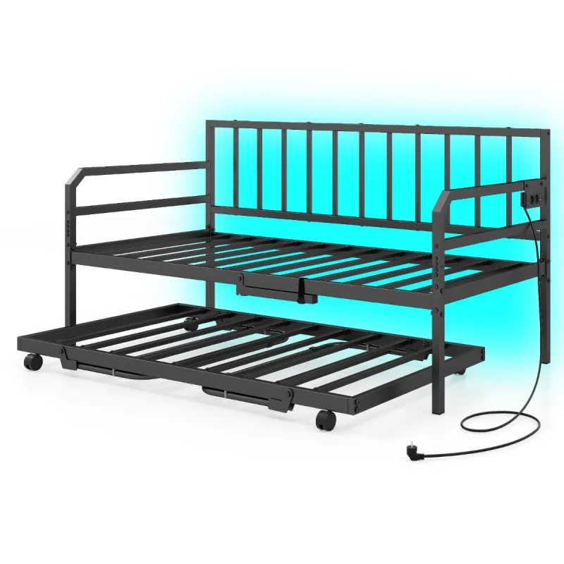 Costway Sofá Cama Individual con Luces LED Base Metálica y Cama Nido Extraíble Estación de Carga Incorporada Negro