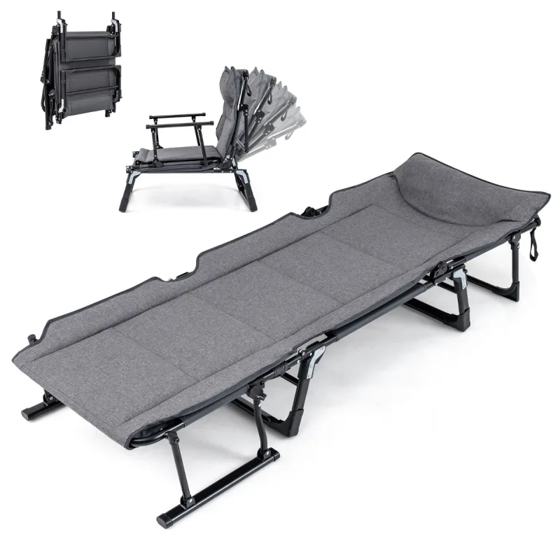 Costway Cama Plegable 3 en 1 de Una Pieza con Tubo Cuadrado y Respaldo Ajustable en 6 Posiciones para Camping Interior y Exterior Gris