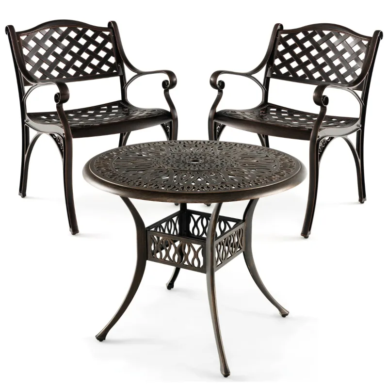 Costway Conjunto de Mesa y 2 Sillas de Patio de Aluminio Fundido con Orificio para Sombrilla de 5cm y Reposabrazos con Almohadillas Ajustables