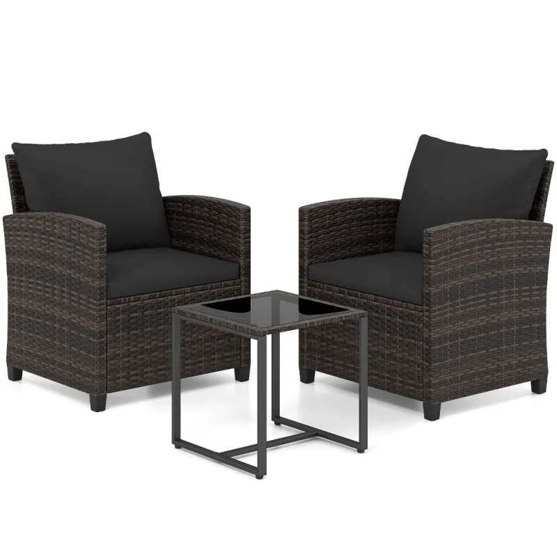 Costway Juego de 3 Muebles de Ratán Marrón para Exterior con 2 Sillas Mesa de Vidrio y Cojines Negros Funda Desmontable para Jardín Terraza o Piscina