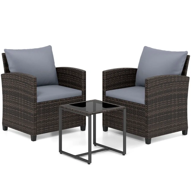 Costway Juego de 3 Muebles de Ratán Marrón para Exterior con 2 Sillas Mesa de Vidrio y Cojines Gris Funda Desmontable para Jardín Terraza o Piscina