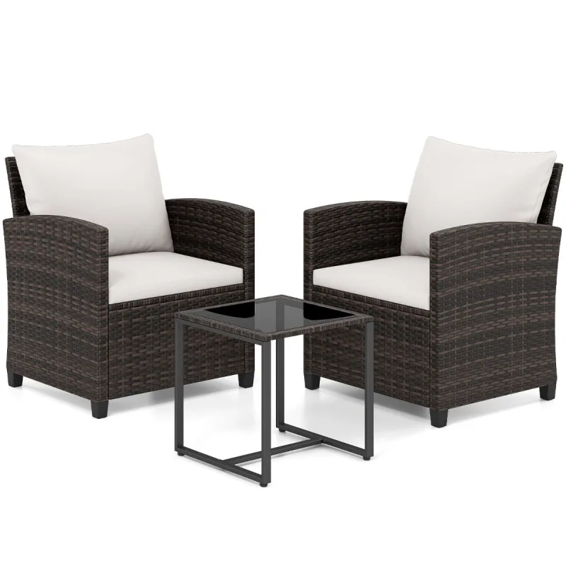 Costway Juego de 3 Muebles de Ratán Marrón para Exterior con 2 Sillas Mesa de Vidrio y Cojines Beige Funda Desmontable para Jardín Terraza o Piscina