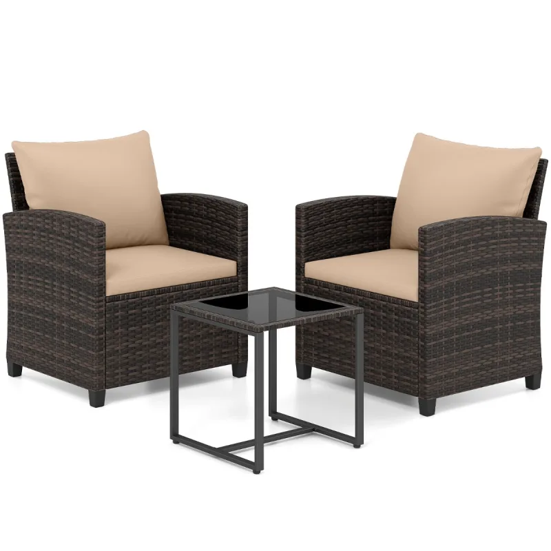 Costway Juego de 3 Muebles de Ratán Marrón para Exterior con 2 Sillas Mesa de Vidrio y Cojines Marrón Funda Desmontable para Jardín Terraza o Piscina