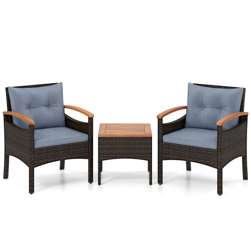 Costway Juego de Bistró de 3 Piezas para Patio de Mimbre y Ratán con Sillas con Brazos Mesa Auxiliar de Madera de Acacia y Cojines Libres de Flúor en Gris