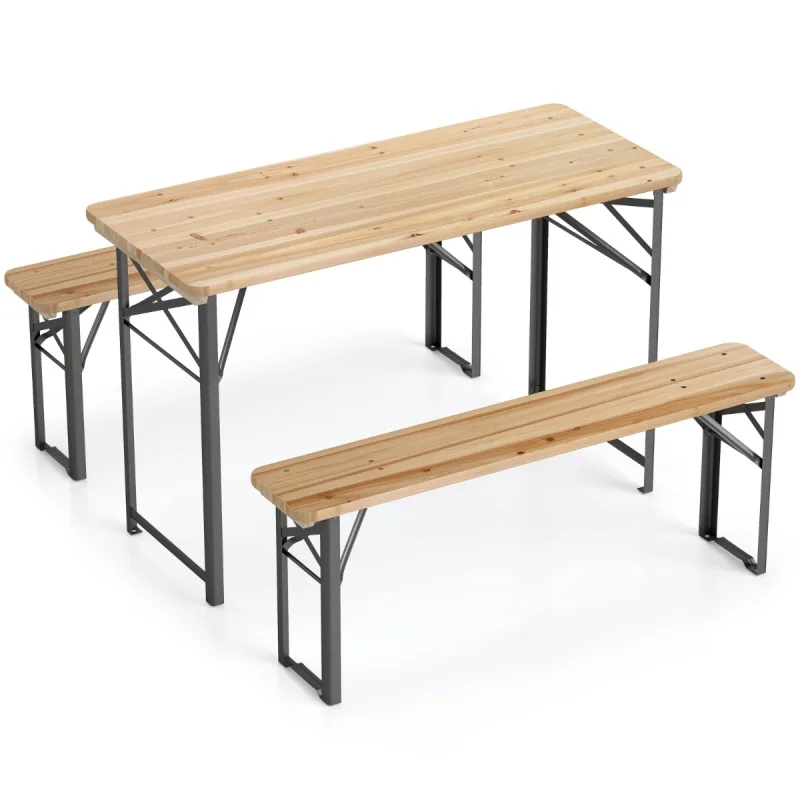 Costway Conjunto de Mesa y 2 Bancos Plegables de Exterior de Madera de Abeto con Estructura Metálica sin Montaje para Acampadas Picnics Natural