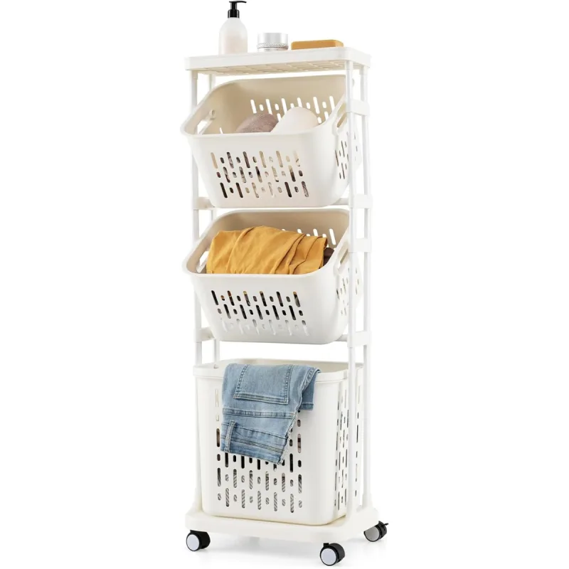 Costway Carro de Cesto de Ropa de 3 Niveles Organizador de Clasificación de Ropa con 4 Ruedas 3 Cestas para Baño Lavandería Dormitorio Blanco