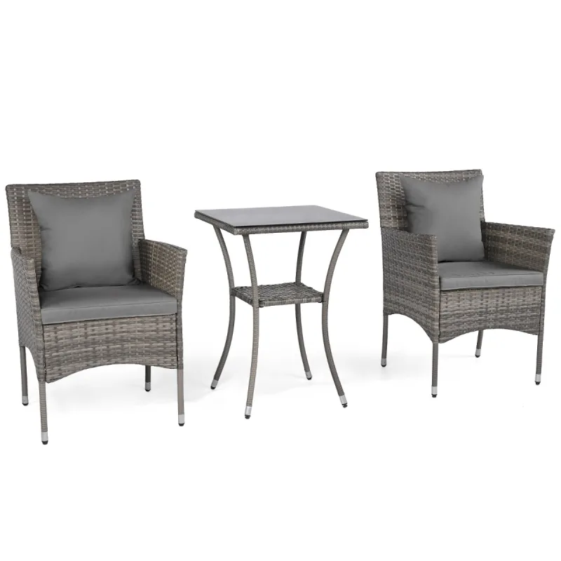 Costway Conjunto Bistro para Patio de 3 Piezas Sillas Ratán Mimbre Gris Mixto con Mesa Doble Capa Cristal Templado Cojines Gris