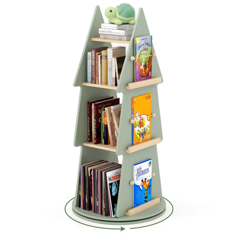 Costway Estantería para Libros Infantil Giratoria 360° Carrusel de Libros para Niños de 4 Niveles en Forma de Árbol Ø48 x 102 cm Expositora Verde
