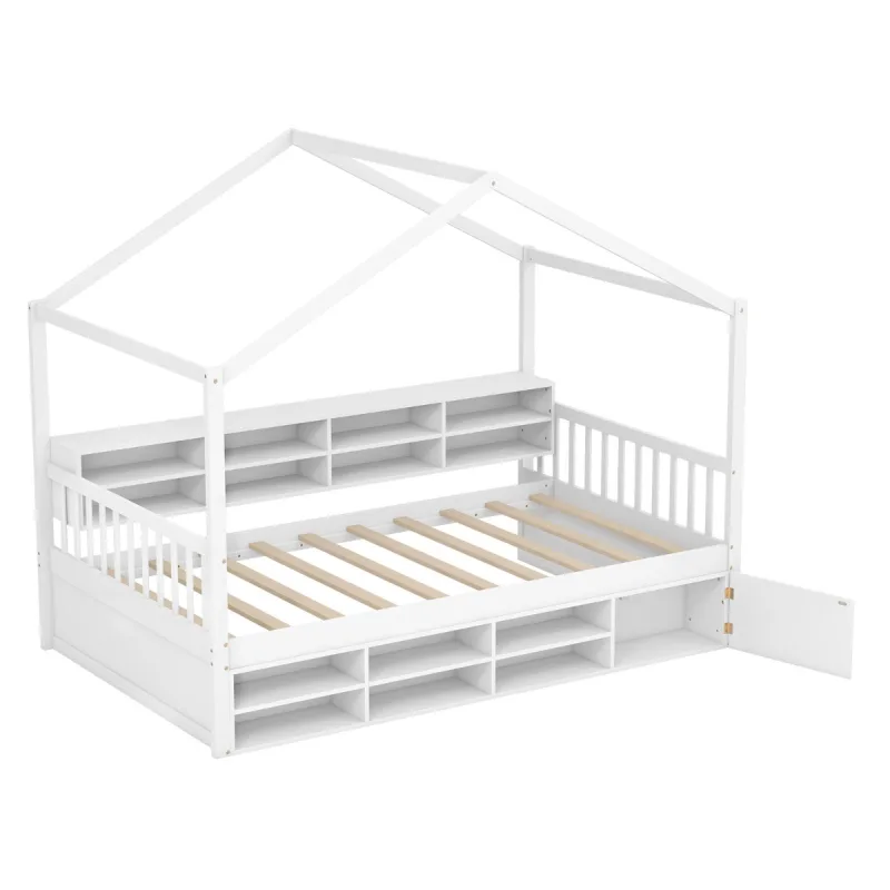 Costway Cama de Casa de Tamaño Individual con Techo Estructura de Cama de Plataforma de Madera con 14 Cubos de Almacenaje Armario Cerrado Blanco