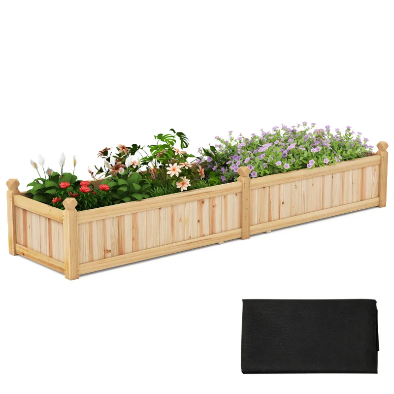 Costway Cama de Jardín Elevada de Madera Caja de Plantas Grande con Divisor Sistema de Drenaje Forro No Tejido para Cultivar Verduras Flores
