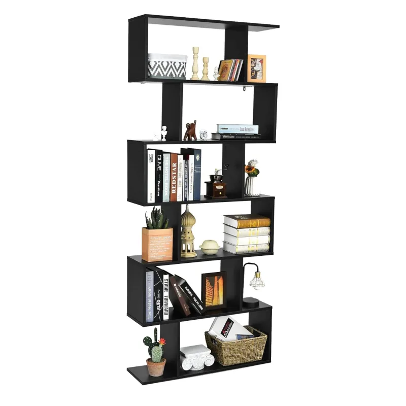 Costway Librería Decorativa en Forma de S 6 Niveles de Madera Multifuncional para Sala Dormitorio u Oficina 80 x 23 x 191 cm Negro