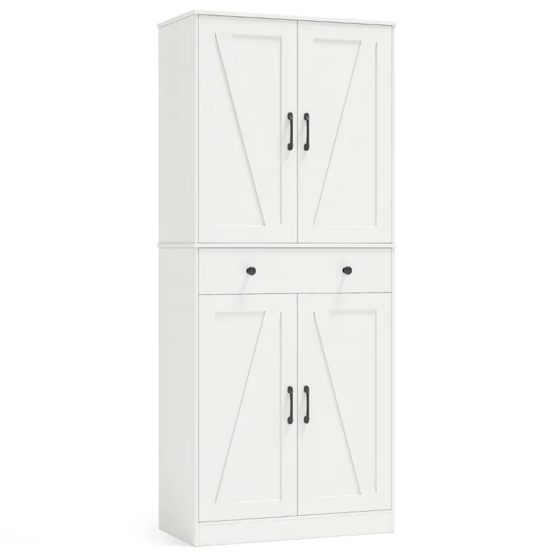 Costway Despensa de Cocina Gabinete Moderno de Granero con 4 Puertas Cajón y 3 Estantes Ajustables 77 x 39 x 183 cm Blanco