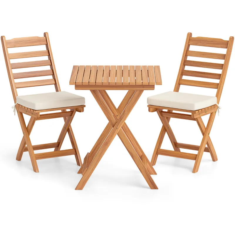 Costway Juego de Bistró de Madera Acacia para Exterior Mesa y 2 Sillas Plegables con Cojines sin Brazos de Respaldo Alto para Comedor Patio Blanco