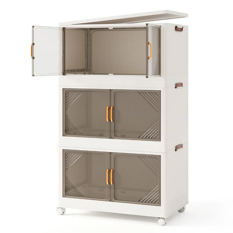 Costway Cajas de Almacenamiento 213 L con Tapa Contenedores Apilables con Ruedas y Puertas Organizador Plegable para Dormitorio Blanco