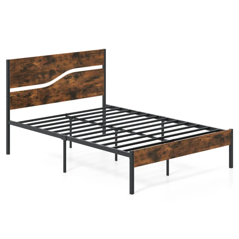 Costway Cama de Metal Estructura para Colchón de 200 x 140 cm Cama Plataforma Industrial con Cabecera y Pie de Madera Color Marrón Rústico