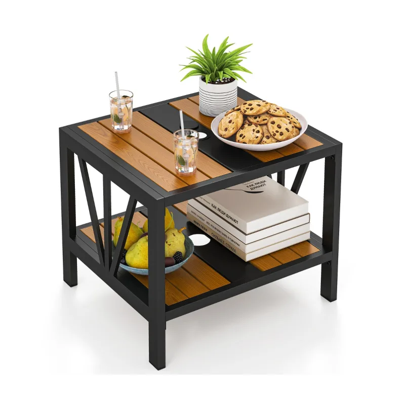 Costway Mesa Rectangular de 2 Niveles con Agujero de Sombrilla Almacenamiento Marco de Metal Veta de Madera Realista 52 x 46 x 45 cm Natural