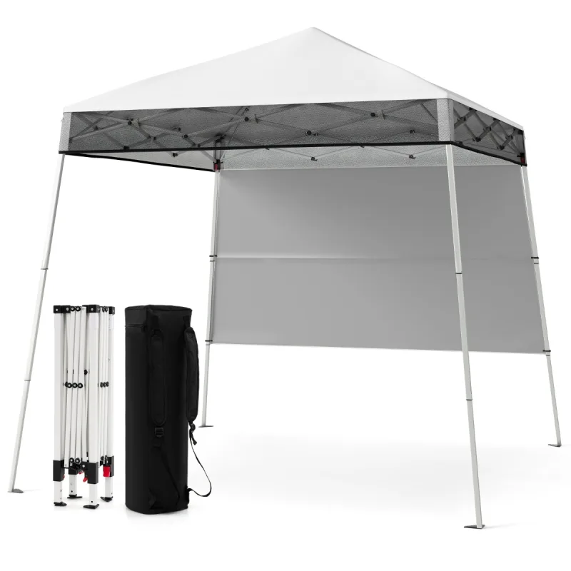 Costway 182 x 182 cm Carpa Plegable con 1 Pared Lateral Refugio Exterior de Ensamblaje Fácil con Patas Inclinadas Ajustables 4 Estacas Blanco
