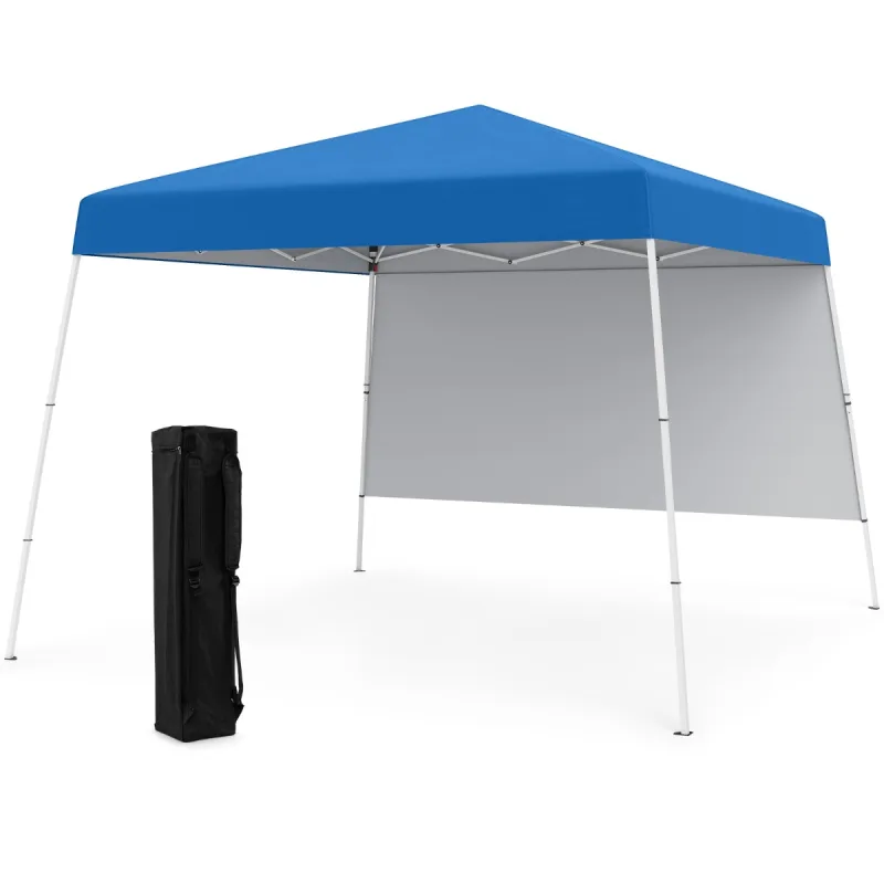 Costway 300 x 300 CM Tienda de Camping Emergente Carpa Plegable con 1 Pared Lateral Protección Solar 4 Estacas de Tierra Marco de Metal Azul