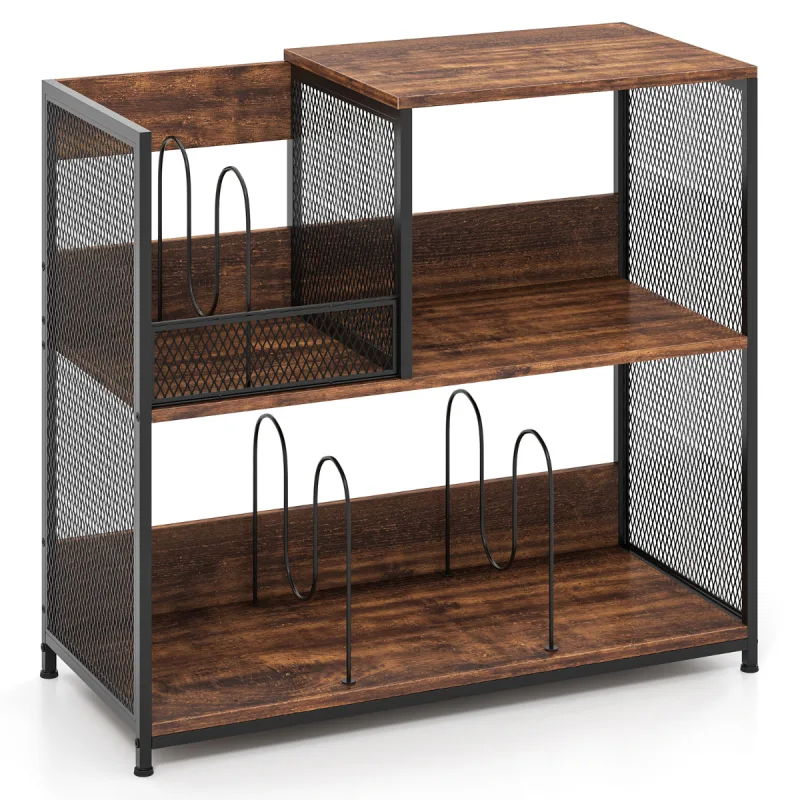 Costway Soporte para Tocadiscos de 3 Niveles Soporte para Discos de Vinilo con Capacidad para 300 Álbumes Mesa Lateral con 3 Divisores Marrón