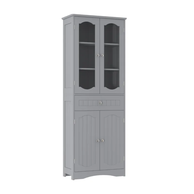 Costway Armario de Baño Alto de 160 CM Puertas de Vidrio Templado Estantes Ajustables y Cajón Grande para Cocina Sala de Estar Oficina Gris