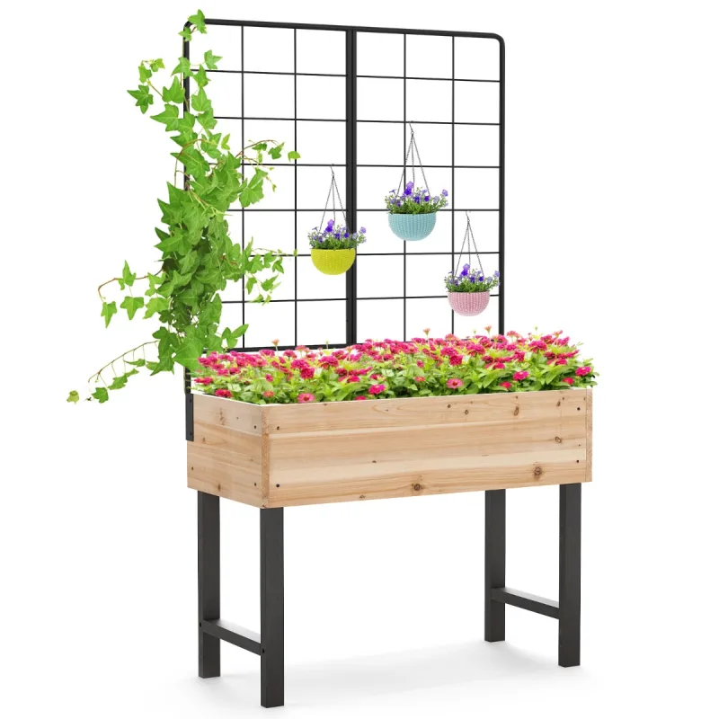 Costway Cama Elevada de Jardín con Enrejado con Estante para Herramientas Caja para Flores de Madera de Abeto para Terraza Patio y Balcón Natural