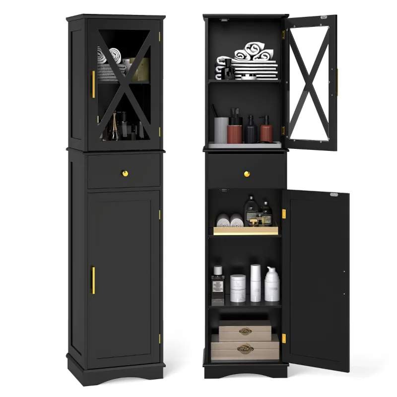 Costway Armario Alto de Baño Gabinete Estrecho de Almacenaje con Cajón 2 Puertas y 3 Estantes Torre de Lino Independiente para Cocina Negro