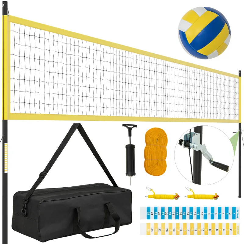 Costway Set de Red de Voleibol Portátil para Exteriores Sistema de Red de Voleibol de Alta Resistencia con Postes Ajustables en Altura Amarillo