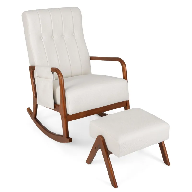 Costway Silla Mecedora para Guardería Mecedora de Madera Tapizada con Respaldo Capitoné Asiento Acolchado y Bolsillo Lateral con Reposapiés Beige