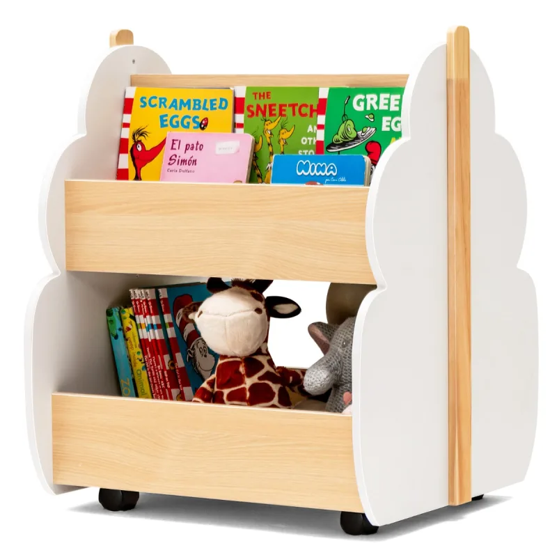 Costway Estantería Infantil de Madera con Ruedas Librería 2 Niveles para Juguetes Multifuncional Organizador de Libros 52 x 46 x 62,5 cm