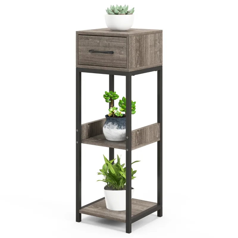 Costway Soporte para Plantas Alto de 3 Niveles Mesa de Metal para Plantas con Cajón Antivuelco Estante de Exhibición de Esquina Vertical Gris