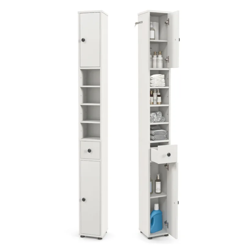 Costway Armario Alto Estrecho para Baño Gabinete Estrecho de Almacenamiento para Baño con 1 Cajón 5 Estantes Ajustables para Salón Cocina Blanco