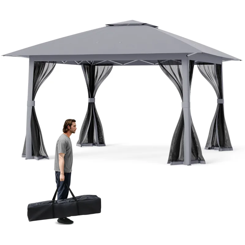 Costway Carpa Plegable 394x394cm Gazebo Portátil con Techo Doble y Malla Bolsa de Transporte Refugio Solar de Montaje Rápido Instantánea Gris