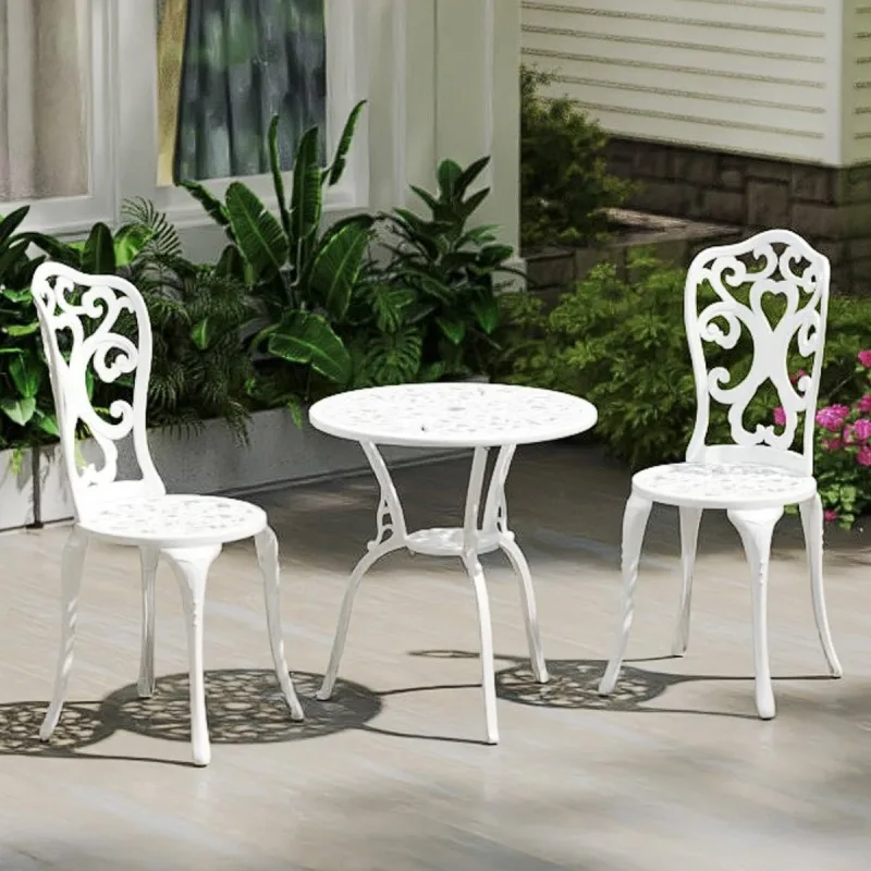 Costway Juego de Bistró de 3 Piezas de Exterior Conjunto de Mesa y Sillas de Patio de Aluminio Fundido con Agujero para Sombrilla para Jardín