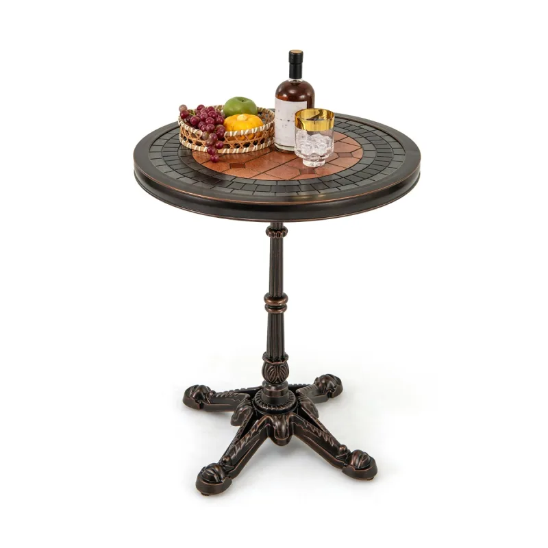 Costway Mesa de Comedor Redonda de Patio con Textura Tallada y Superficie Pintada para Jardín Junto a la Piscina 60,5 x 60,5 x 73 cm Bronce