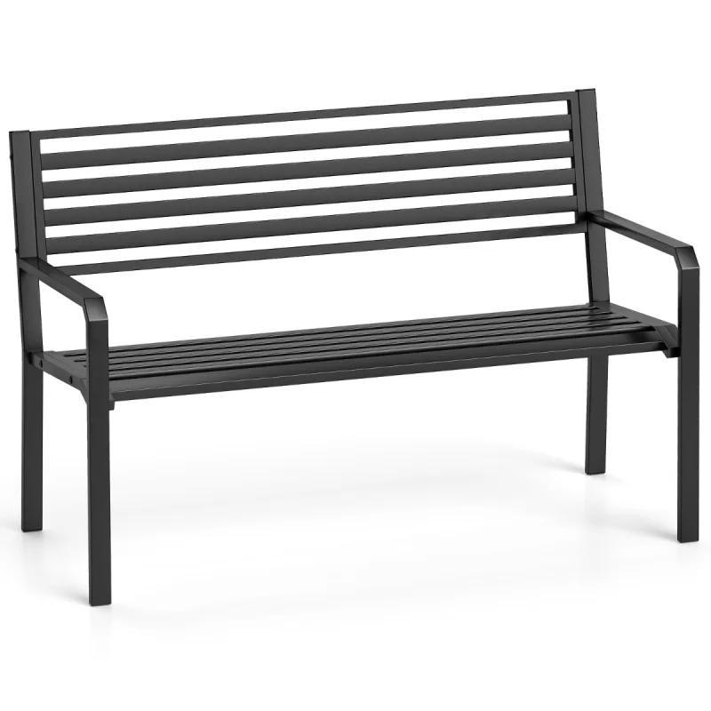 Costway Banco de Parque de Metal para Exteriores de 127 cm Banco de Jardín con Listones para 2-3 Personas con Reposabrazos y Respaldo Negro