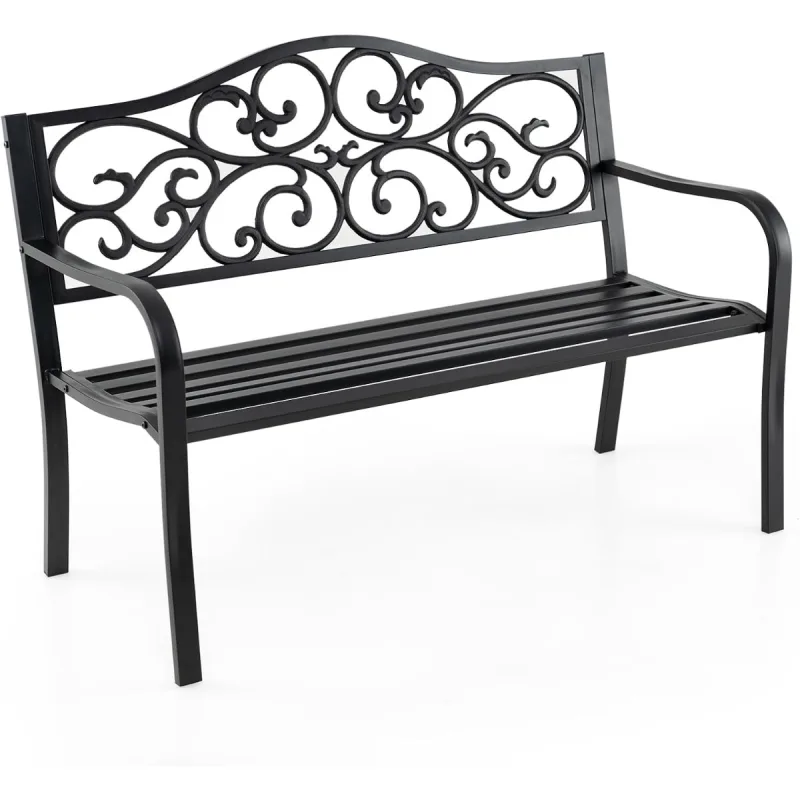 Costway 128 cm Banco de Jardín Banco de Patio de Metal de Hierro Fundido con Respaldo de Diseño Floral Reposabrazos y Asiento de Listones Negro