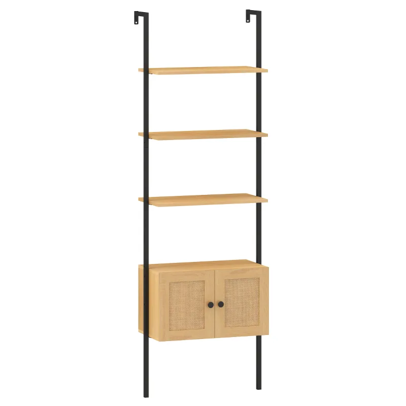 Costway Librero de Escalera de 5 Niveles con Armario de Ratán Estantería de Pared Alta de 184cm Estructura de Metal Estante Abierto Bohemio Natural