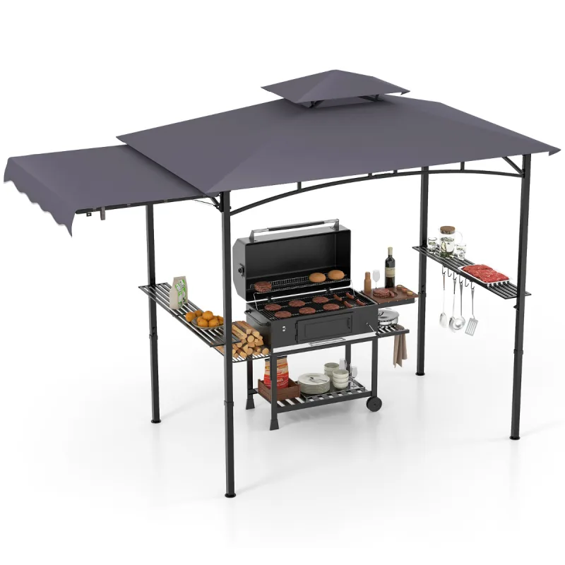 Costway Gazebo para Barbacoa con Parrilla de 318 x 153 cm Toldo Lateral Parte Superior de 2 Niveles 2 Estantes Laterales Marco de Metal