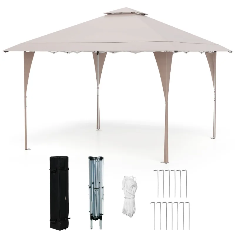 Costway Pabellón Emergente de 395 x 395 cm Gazebo Instantáneo para Exteriores con Tapa Ventilada 8 Orificios de Drenaje 4 Cuerdas 8 Estacas Caqui