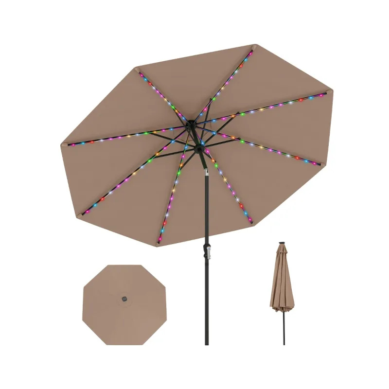 Costway Sombrilla Solar para Patio con 96 Luces LED 9 Modos 8 Varillas Tapa Ventilada para Jardín Terraza Playa Césped 300 x 197 cm Café