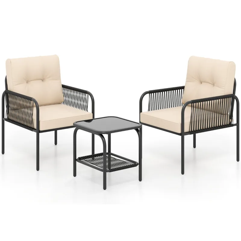 Costway Juego de Muebles de Rattan PE con Mesa de Vidrio Templado Sillas Cojines para Respaldo y Asiento