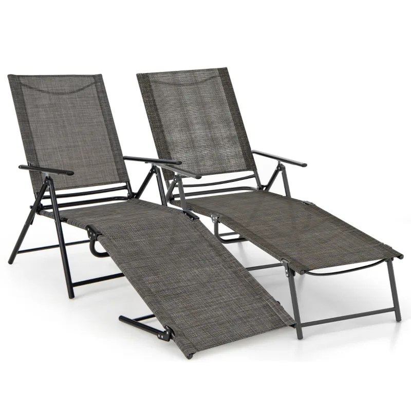 Costway Juego de 2 Sillones Plegables con Respaldo de 6 Niveles Tela de Asiento Transpirable Marco de Metal para Patio 189 x 64 x 102 cm Marrón