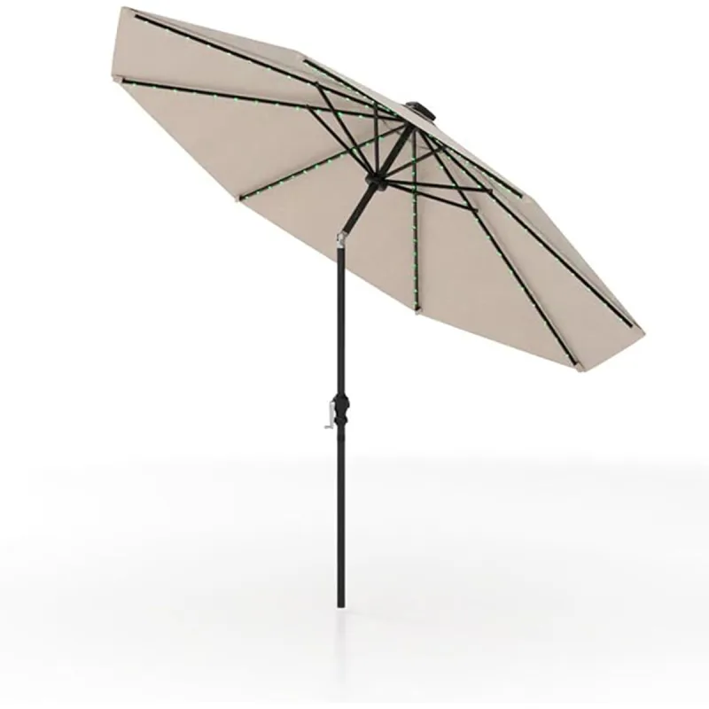 Costway 3m Sombrilla Solar para Patio con 96 Luces LED 9 Modos Ajuste de Inclinación Manivela Fácil 8 Varillas Tapa Ventilada Parasol de Mesa Beige