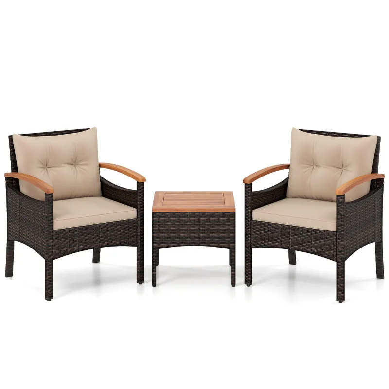 Costway Juego de Bistró para Patio de 3 Piezas Sillas Mimbre Marrón Mixto con Brazos Mesa Auxiliar Tablero Madera Acacia Cojines Caqui