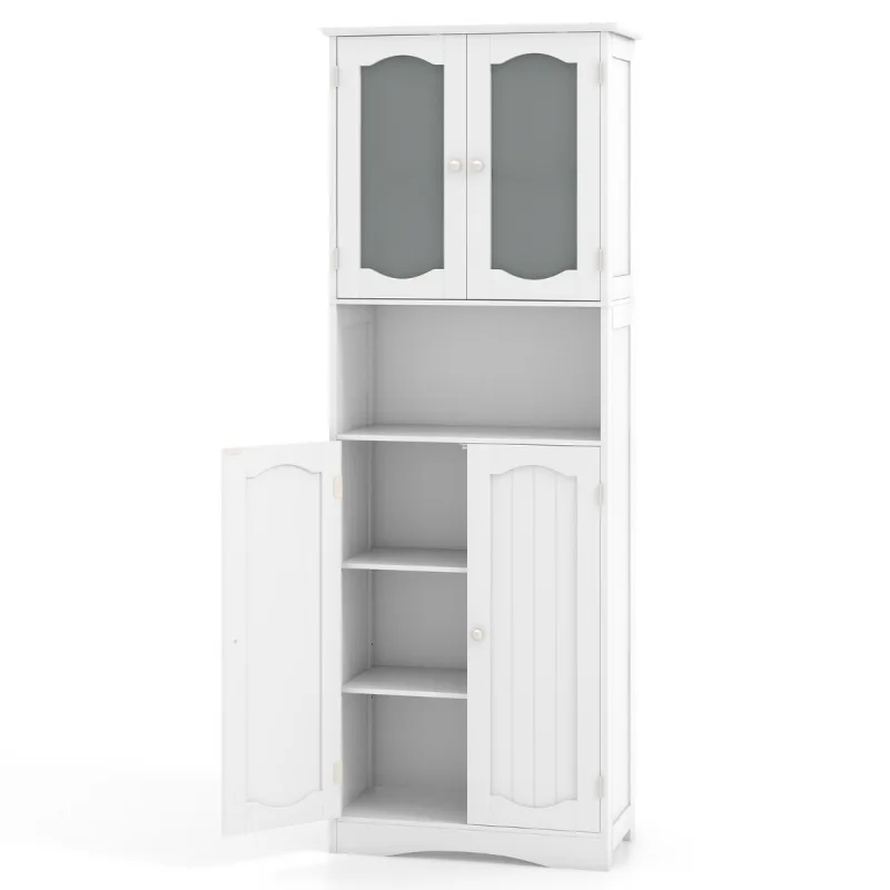 Costway Armario Alto de Almacenamiento para Baño Armario Despensa Independiente con Puertas de Vidrio Esmerilado Estantes para Cocina Salón Blanco