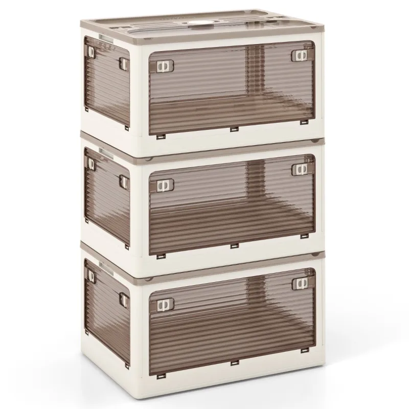 Costway Paquete de 3 Contenedores Apilables 132 L/90 L con Tapa Caja de Plástico Plegable Organizador con Ruedas para Dormitorio Salón Cocina Blanco