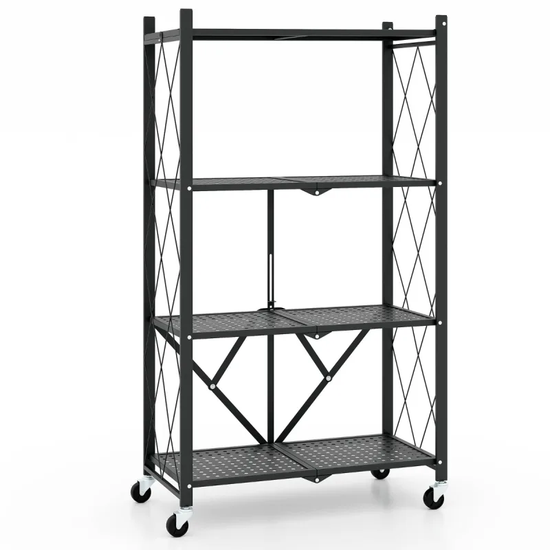 Costway Estante de Almacenamiento Plegable de 4 Niveles con Ruedas Unidad de Estantería de Metal Organizador para Cocina Salón Taller Garaje Negro
