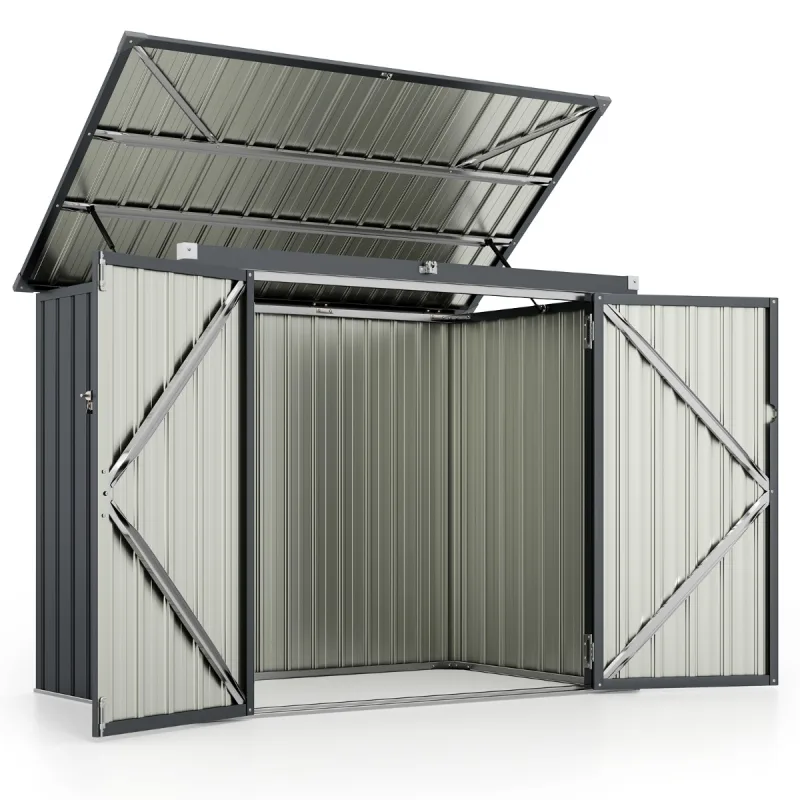 Costway Cobertizo de Almacenamiento de Basura al Aire Libre de Jardín con Cerradura con Aberturas Dobles 2 Puertas Marco de Metal Galvanizado Gris