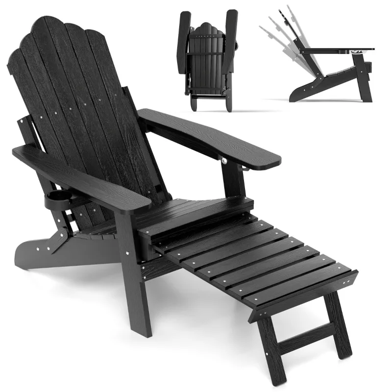 Costway Silla Adirondack Plegable para Patio Sillón de HIPS para Todo Clima con Reposapiés Retráctil Respaldo Ajustable Tumbona para Jardín Negro